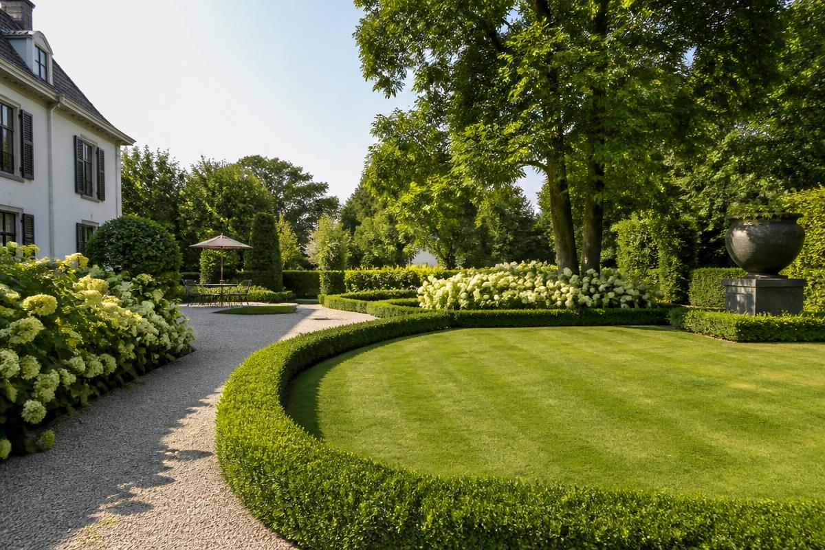 Gepflegte Grünanlage mit geschnittener Hecke und Rasenfläche