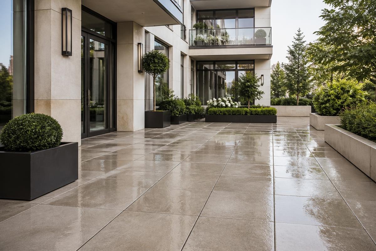 Mit Hochdruck gereinigte Wege und Terrasse an einem Wohngebäude